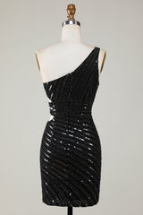 Elegant Black One Shoulder Sequin Bodycon Homecoming Dress with Cut-Out