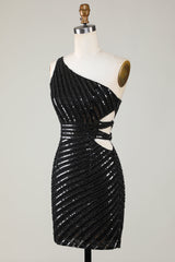 Elegant Black One Shoulder Sequin Bodycon Homecoming Dress with Cut-Out