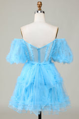 Blue Tulle Off-the-Shoulder A-Line Short Homecoming Dress for Parties