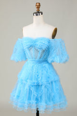 Blue Tulle Off-the-Shoulder A-Line Short Homecoming Dress for Parties
