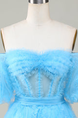 Blue Tulle Off-the-Shoulder A-Line Short Homecoming Dress for Parties