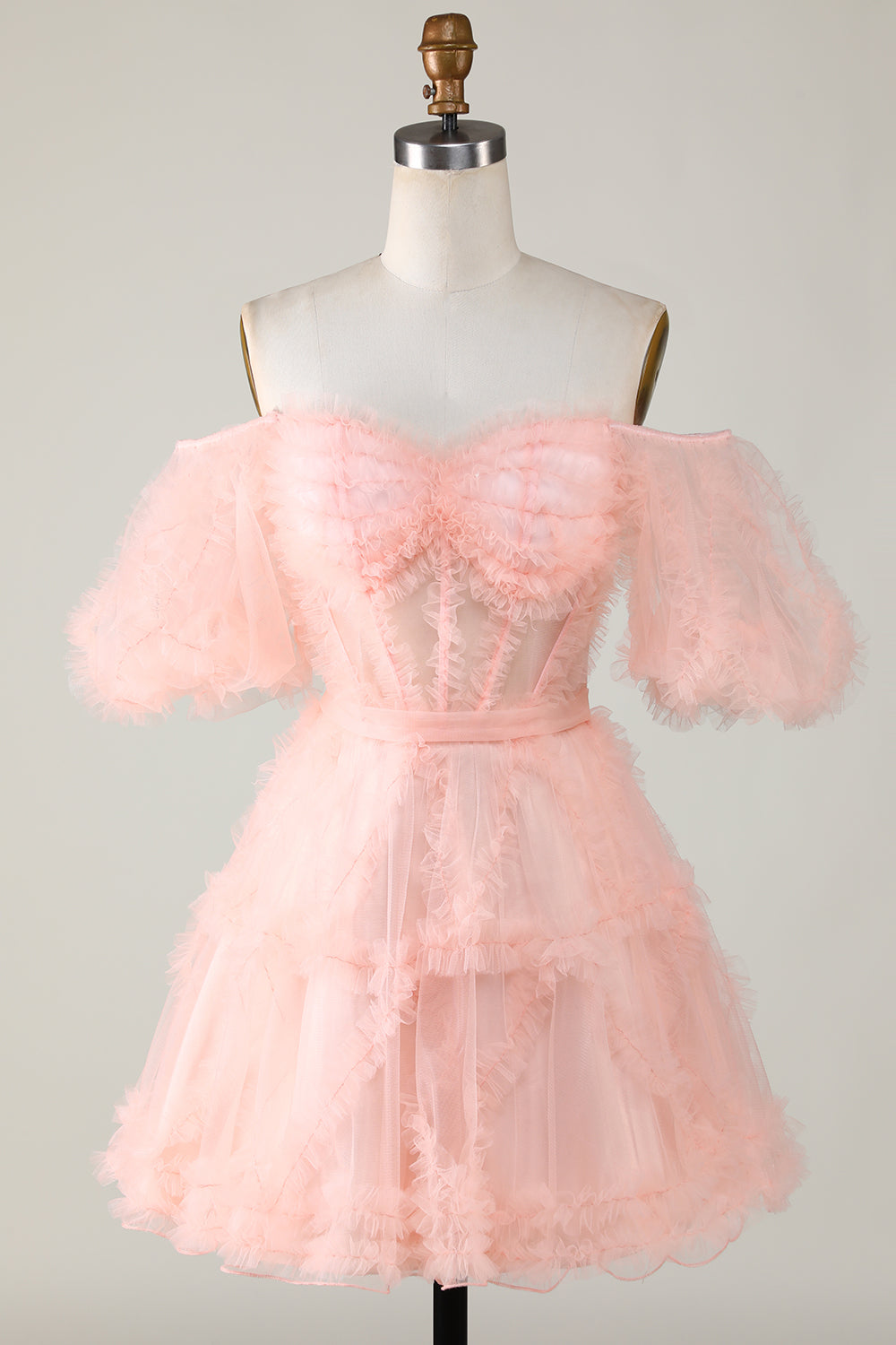 Blush Pink Tulle Off-Shoulder A-Line Short Homecoming Party Dress Gown