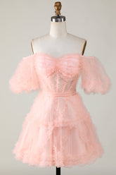 Blush Pink Tulle Off-Shoulder A-Line Short Homecoming Party Dress Gown