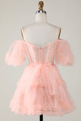 Blush Pink Tulle Off-Shoulder A-Line Short Homecoming Party Dress Gown