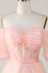 Blush Pink Tulle Off-Shoulder A-Line Short Homecoming Party Dress Gown