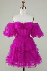 Enchanting Fuchsia Off-Shoulder Tulle Corset Homecoming Dress with Sweetheart Neckline