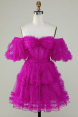 Enchanting Fuchsia Off-Shoulder Tulle Corset Homecoming Dress with Sweetheart Neckline