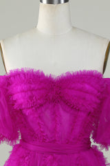 Enchanting Fuchsia Off-Shoulder Tulle Corset Homecoming Dress with Sweetheart Neckline