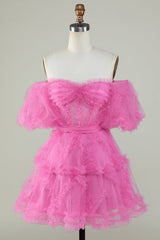 Pink Off-the-Shoulder A-Line Tulle Homecoming Dress - Elegant Party Gown