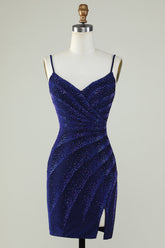 Royal Blue Sequin Sheath Spaghetti Strap Short Homecoming Dress with Beading