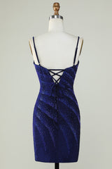 Royal Blue Sequin Sheath Spaghetti Strap Short Homecoming Dress with Beading