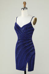 Royal Blue Sequin Sheath Spaghetti Strap Short Homecoming Dress with Beading