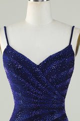 Royal Blue Sequin Sheath Spaghetti Strap Short Homecoming Dress with Beading