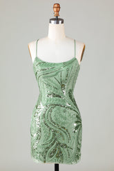 Sparkly Green Sheath Homecoming Dress with Spaghetti Straps and Criss-Cross Back