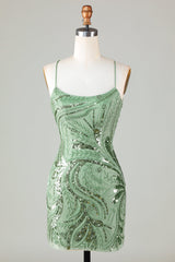 Sparkly Green Sheath Homecoming Dress with Spaghetti Straps and Criss-Cross Back