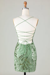 Sparkly Green Sheath Homecoming Dress with Spaghetti Straps and Criss-Cross Back