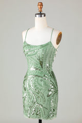 Sparkly Green Sheath Homecoming Dress with Spaghetti Straps and Criss-Cross Back
