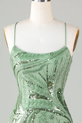 Sparkly Green Sheath Homecoming Dress with Spaghetti Straps and Criss-Cross Back