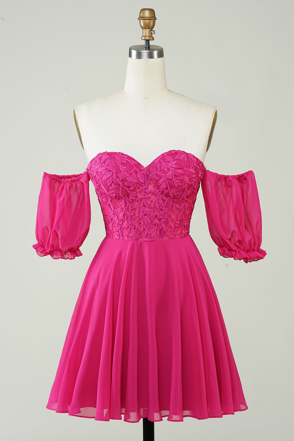Fuchsia Corset A-Line Chiffon Short Homecoming Dress with Delicate Lace