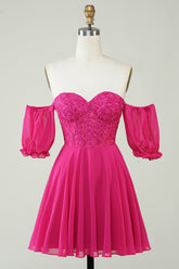 Fuchsia Corset A-Line Chiffon Short Homecoming Dress with Delicate Lace