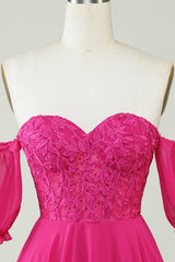Fuchsia Corset A-Line Chiffon Short Homecoming Dress with Delicate Lace