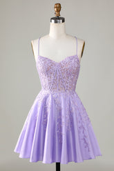 Purple Corset A-Line Satin Short Homecoming Dress with Delicate Lace