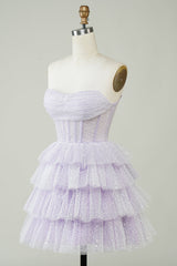 Sparkly Purple Corset Homecoming Dress Strapless Tiered Mini Short Party Gown