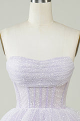 Sparkly Purple Corset Homecoming Dress Strapless Tiered Mini Short Party Gown