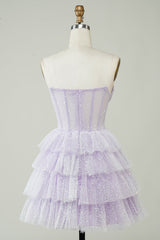 Sparkly Purple Corset Homecoming Dress Strapless Tiered Mini Short Party Gown