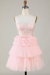 Elegant Pink Sweetheart A-Line Homecoming Dress with Ruffles and Tulle