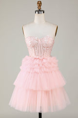 Elegant Pink Sweetheart A-Line Homecoming Dress with Ruffles and Tulle