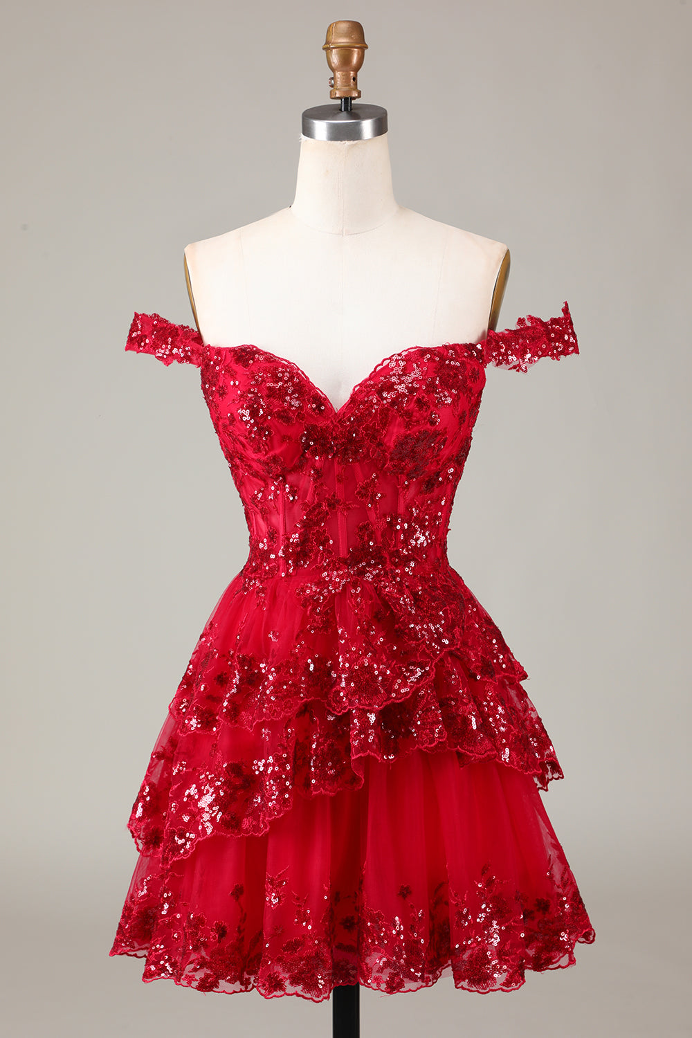 Sparkly Red Corset Tiered Lace A-Line Homecoming Dress for Women