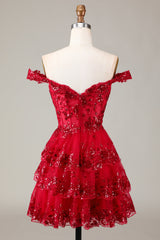 Sparkly Red Corset Tiered Lace A-Line Homecoming Dress for Women
