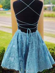 A-Line Backless Lace Blue Short Prom Homecoming Graduation Evening Dress
