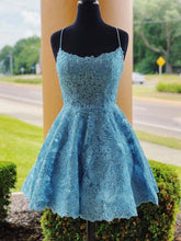 A-Line Backless Lace Blue Short Prom Homecoming Graduation Evening Dress