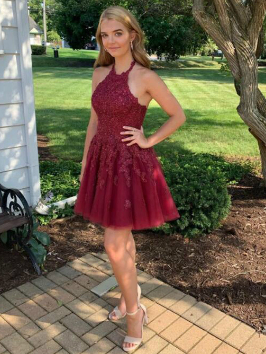 Elegant Halter Neck A-Line Burgundy Lace Homecoming Dress with Cross Back Detail
