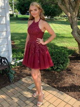Elegant Halter Neck A-Line Burgundy Lace Homecoming Dress with Cross Back Detail