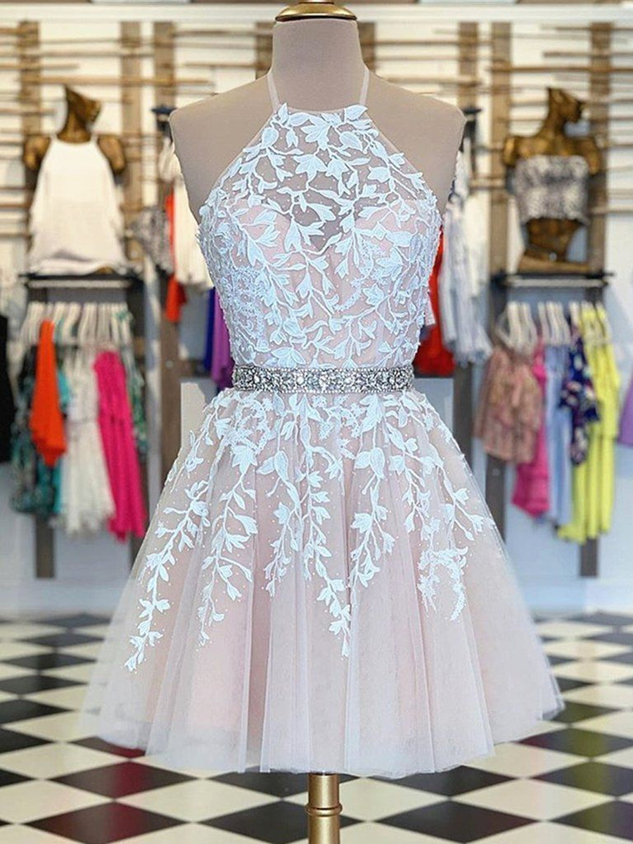 Elegant Halter Neck Short A-Line Prom Dress with Belt and Lace Appliques
