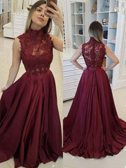 Burgundy A-Line High-Neck Lace Beaded Satin Prom Dress with Train