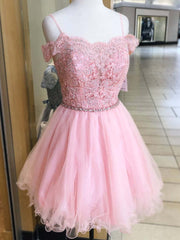 A-Line Off Shoulder Lace Pink Short Prom Homecoming Dress Formal Evening