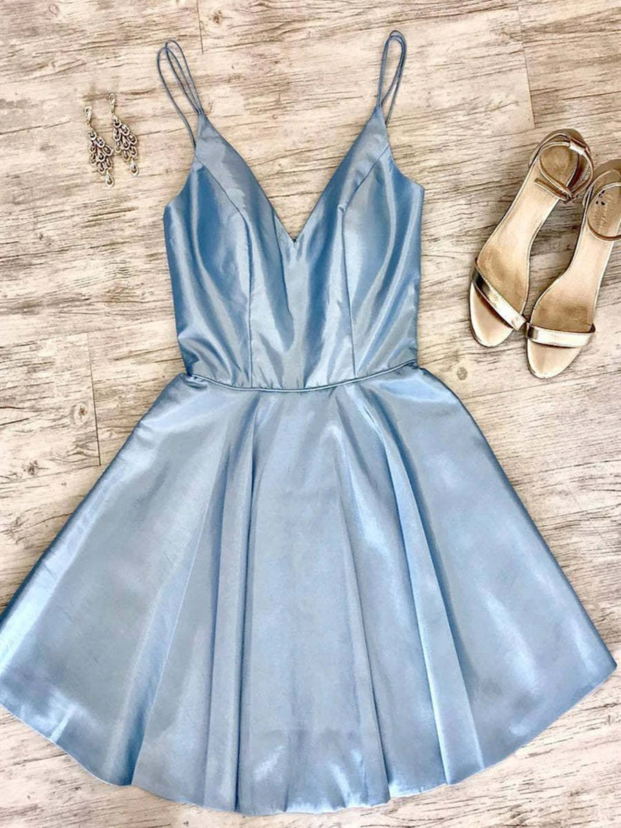 Elegant Light Blue Prom Homecoming Dress, A-Line V-Neck Short Spaghetti Straps Evening Gown