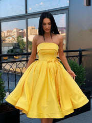 A-Line Strapless Short Pink Yellow Prom Dress: Strapless Formal Graduation Homecoming