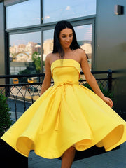 A-Line Strapless Short Pink Yellow Prom Dress: Strapless Formal Graduation Homecoming