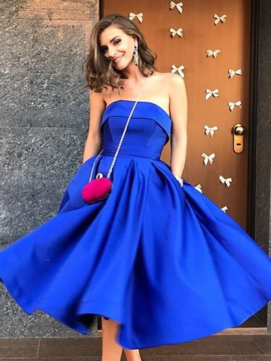 Royal Blue Satin Tea Length A-Line Prom Dress with Pockets Royal Blue Satin Tea Length A-Line Prom Dress with Pockets