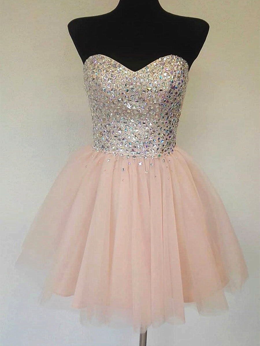A-Line Sweetheart Neck Sequin Pink Short Prom Homecoming Graduation Evening Dress