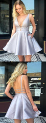 A-Line V-Neck Silver Gray Short Prom Homecoming Dress: Backless Satin Evening Gown