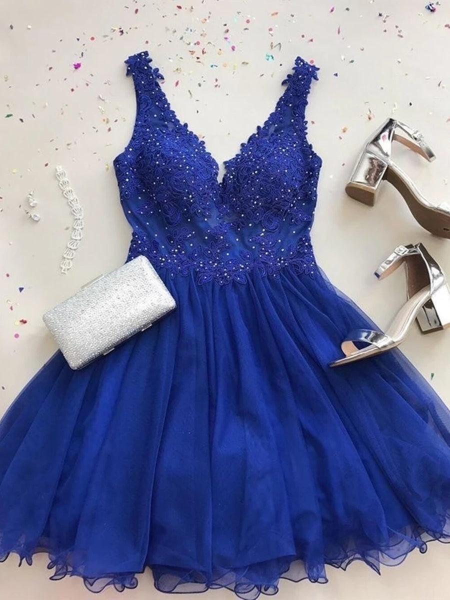 A-Line V-Neck Beaded Lace Royal Blue Short Prom Homecoming Dress Evening