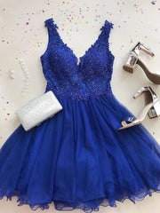 A-Line V-Neck Beaded Lace Royal Blue Short Prom Homecoming Dress Evening