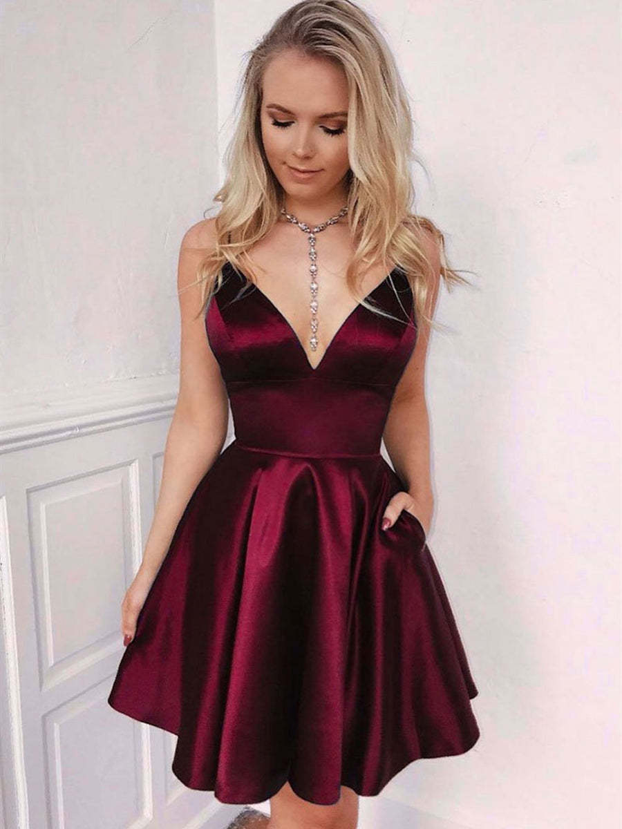 A-Line V-Neck Burgundy Satin Homecoming Dress Short Prom Formal Evening Gown