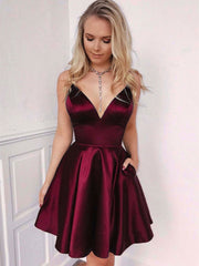 A-Line V-Neck Burgundy Satin Homecoming Dress Short Prom Formal Evening Gown